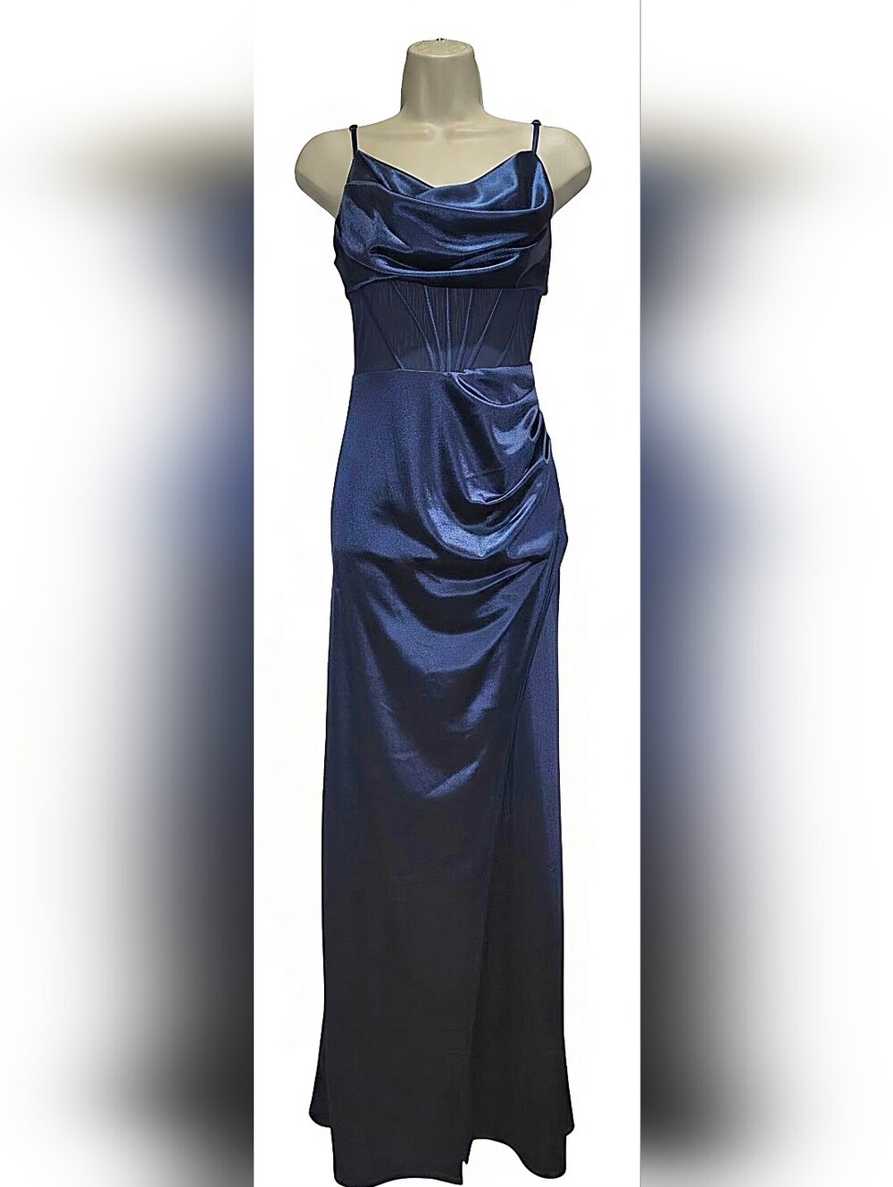 Elegant Navy Satin Cowl Neck Evening Gown
